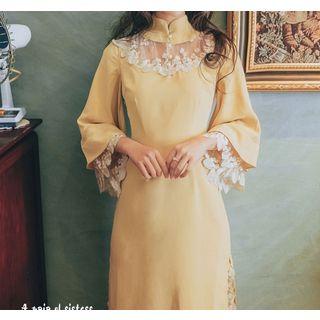 3/4-sleeve Stand Collar Midi Dress