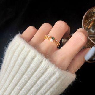 Rhinestone Faux Pearl Layered Open Ring 1 Pc - Rhinestone Faux Pearl Layered Open Ring - Us Size 14