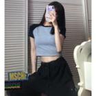 Short-sleeve Color Block Cropped Top / High-waist Plain Harem Pants