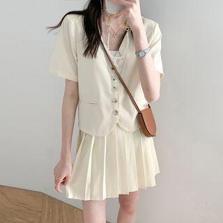 V-neck Plain Blazer / High-waist Plain Pleated A-line Mini Skirt