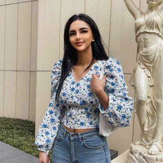 Smocked-hem Floral Crop Top