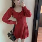Long-sleeve Plain A-line Dress Red - One Size