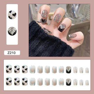 Mirrored Print Faux Nail Tips Z210 - Black & Silver - One Size