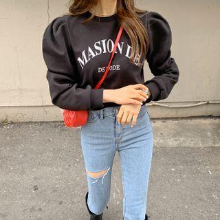 Puff-sleeve Cropped Letter Sweatshirt