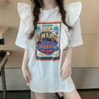 Elbow-sleeve Frill Trim Lettering Print T-shirt