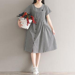 Short-sleeve Midi A-line Plaid Dress