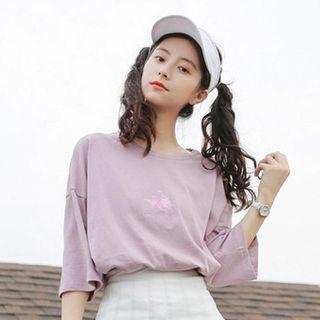 Elbow-sleeve Embroidered T-shirt Purple - One Size