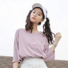 Elbow-sleeve Embroidered T-shirt Purple - One Size