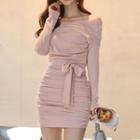 Long-sleeve Sashed Mini Sheath Dress