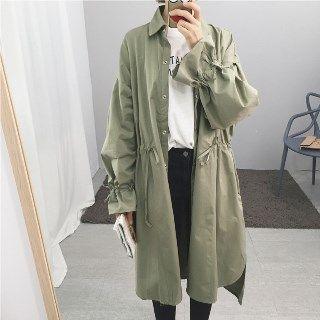 Gather-cuff Drawstring-waist Button Coat