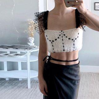 Dotted Mesh Trim Knit Crop Top