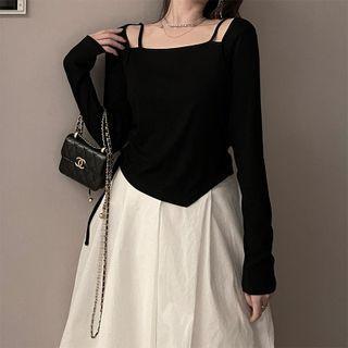 Mock Two-piece Long-sleeve Drawstring Top Black - One Size