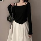 Mock Two-piece Long-sleeve Drawstring Top Black - One Size