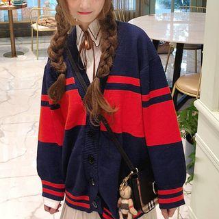 Two-tone V-neck Cardigan As Shown In Figure - One Size