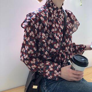 Floral Ruffle Long-sleeve Chiffon Blouse