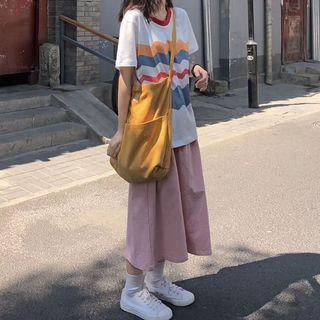 Striped Crew-neck T-shirt / Plain Midi Skirt