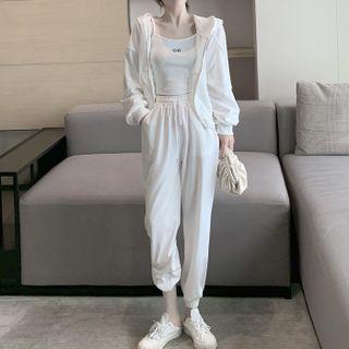 Set: Hooded Zip Cropped Jacket + Cropped Camisole + Sweatpants