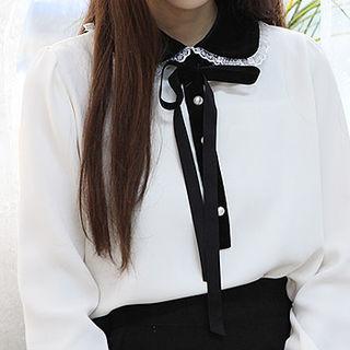 Faux-pearl Button Velvet-detail Blouse