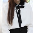 Faux-pearl Button Velvet-detail Blouse