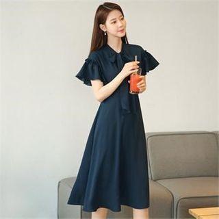 Tie-neck Ruffle-sleeve Flare Dress