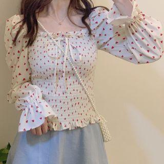 Long-sleeve Heart Print Smocked Top Off-white - One Size