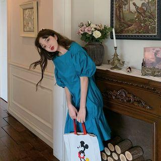 Ruched Puff-sleeve Asymmetric A-line Dress