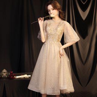 Puff-sleeve Glitter Mesh A-line Cocktail Dress