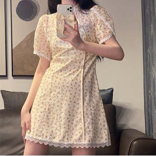 Short-sleeve Floral Lace Trim Mini A-line Dress