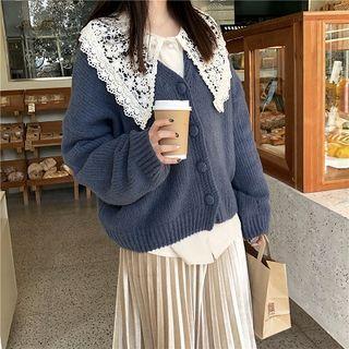 V-neck Cardigan / Crochet Lace Panel Shirt