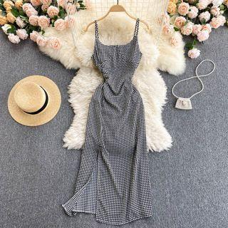 Houndstooth Slit Spaghetti-strap Dress Black - One Size