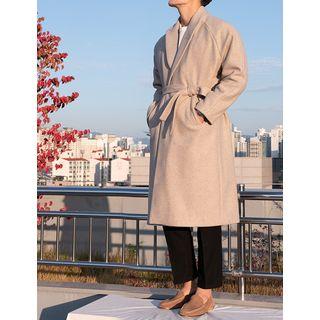 Slit-side Long Wool Blend Coat With Sash