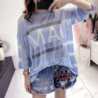 Lettering 3/4-sleeve Striped Knit Top