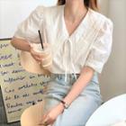 Puff-sleeve Wide Collar Tie-neck Blouse White - One Size