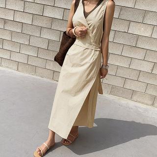 Sleeveless Maxi Surplice-wrap Dress Light Beige - One Size