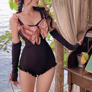 Set: Ruffled Bow Swimsuit + Arm Sleeves