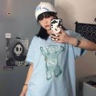 Short-sleeve Bear Print T-shirt Light Blue - One Size