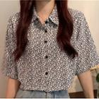 Elbow-sleeve Floral Cropped Shirt