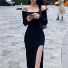 Off-shoulder Side-slit Midi Sheath Dress Black - One Size