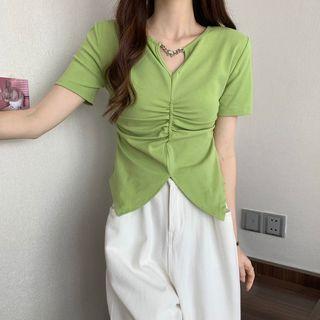 Short-sleeve Shirred Slit Top