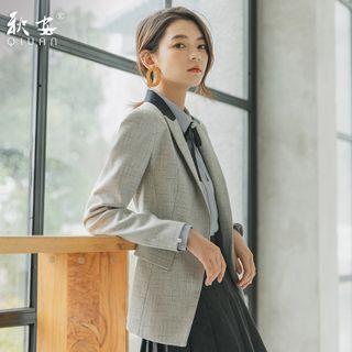 Plaid Blazer / Puff-sleeve Blouse / Pleated A-line Skirt / Set