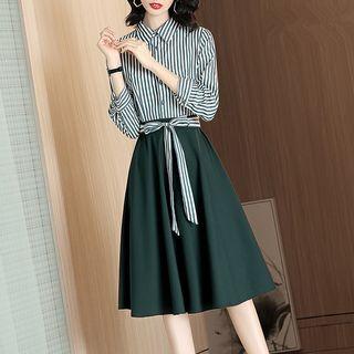 Long-sleeve Striped Paneled Midi A-line Dress