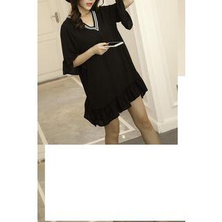 3/4-sleeve V-neck Frilled Dress