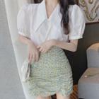 Balloon-sleeve Shirt / Floral Print Shirred A-line Skirt