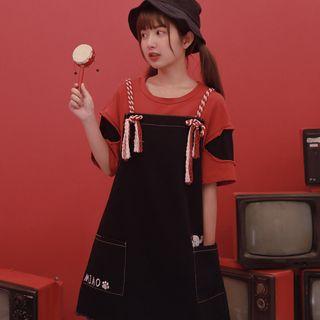 Cat Embroidered Mini Denim Jumper Dress