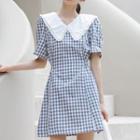 Short-sleeve Wide Collar Check Mini A-line Dress