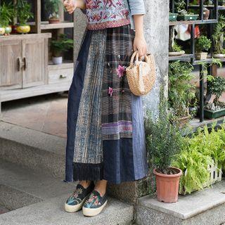 Paneled Midi A-line Skirt Denim Blue & Black & White - One Size