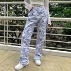 Slit-side Printed Straight-leg Pants