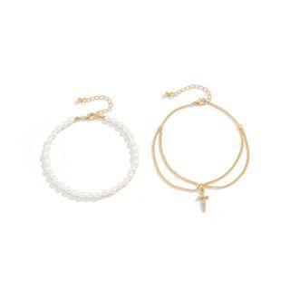 Set: Sword Rhinestone Alloy Anklet + Faux Pearl Anklet Set Of 2 - Gold - One Size