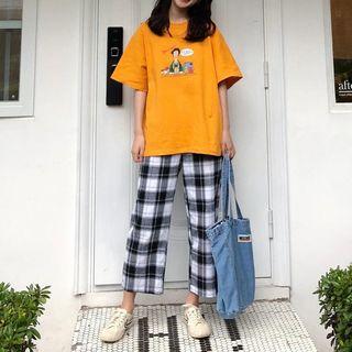Short-sleeve Print T-shirt / Plaid Wide Leg Pants