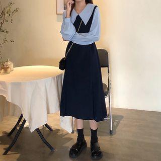 Mock Two-piece Long-sleeve A-line Dress Blue - One Size